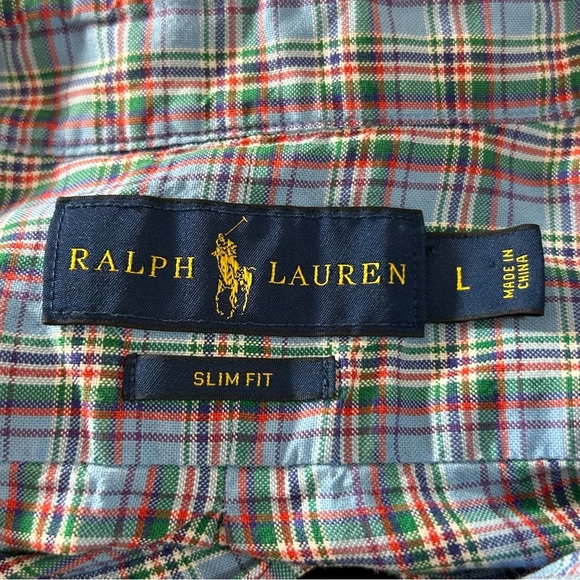 POLO Ralph Lauren Button Down Shirt Men's Blue Green Plaid Slim Fit Size Large - Picture 2 of 6